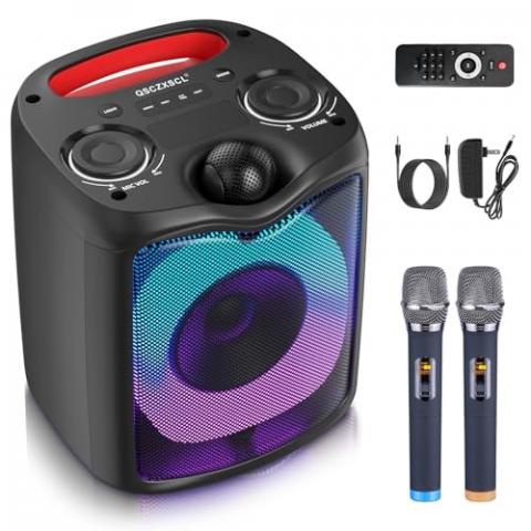 QSCZXSCL Karaoke Machine, Portable Karaoke Machine, Bluetooth Karaoke Speaker with 2 Microphones, Singing Machine, Party Speaker, Speaker Supports TF/USB/AUX/REC, Suitable for Parties/Adults/Children