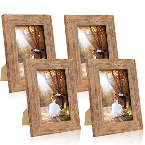 iRahmen 4 Pack 5x7 Picture Frame Rustic Brown Set with High Definition Glass 5 x 7 Photo Frames for Desktop Display and Wall Mounting.