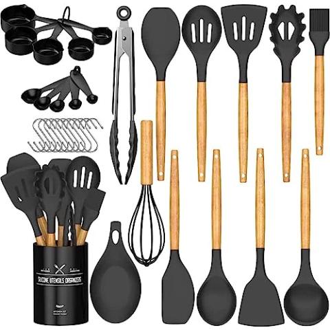 Umite Chef Kitchen Cooking Utensils Set, 33 pcs Non-Stick Utensils Spatula Set with Holder, Black Wooden Handle Silicone Kitchen Gadgets