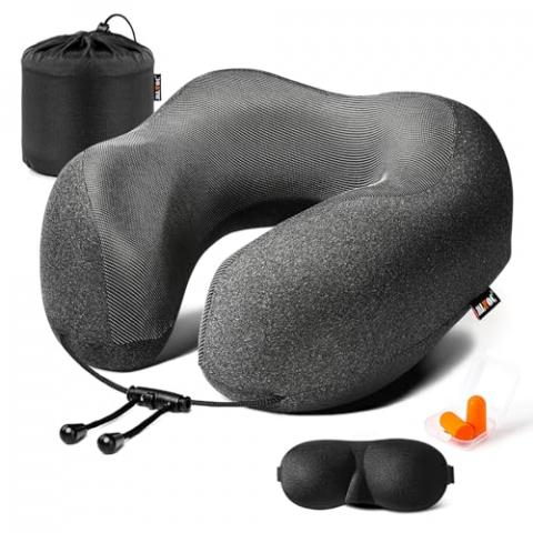 MLVOC Travel Pillow 100% Pure Memory Foam Neck Pillow, Comfortable & Breathable Cover, Machine Washable, Airplane Travel Kit with 3D Contoured Eye Masks, Earplugs, and Luxury Bag, Standard (Black)