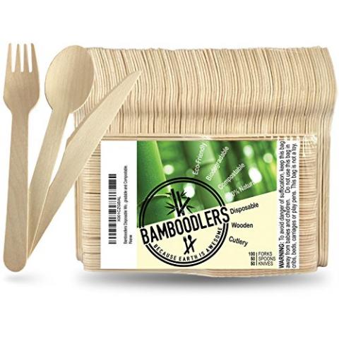 BAMBOODLERS Disposable Wooden Cutlery Set | 100% All-Natural, Eco-Friendly, Biodegradable, and Compostable - Because Earth is Awesome! Pack of 200-6.5” utensils (100 forks, 50 spoons, 50 knives)