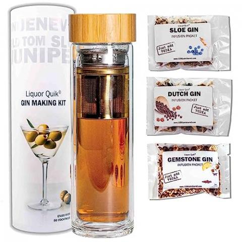 Liquor Quik Gin Infusion Kit - Complete DIY Gin Making Kit Complete w/ 450ml Glass Infuser Vessel & 3 Craft Infusing Flavor Packets - Alcohol Gifts for Him, Mixology Cocktail Bar Accessories