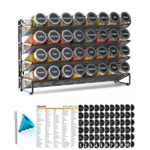 SpaceAid Spice Rack Organizer with 32 Spice Jars, 386 Spice Labels, Chalk Marker and Funnel Set for Cabinet, Countertop, Pantry, Cupboard or Door & Wall Mount - 32 Jars, 15.3" W × 10.8" H, Black