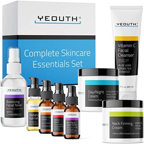 YEOUTH Skin Care Set: Retinol Serum for Face with Hyaluronic Acid, Vitamin C Serum, Face Serum, Cleanser, Toner, Eye Gel, Neck Cream, Face Cream, Gift Set for Women & Men, 8-Piece Self Care Kit