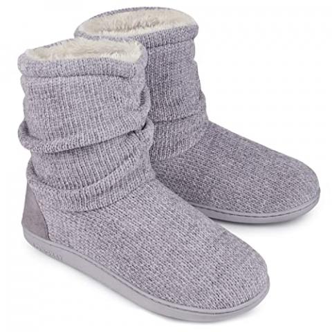 LongBay Women's Chenille Knit Bootie Slippers Cute Plush Fleece Memory Foam House Shoes (Small / 5-6 B(M), Gray)