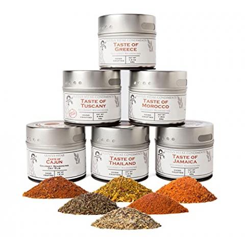 Gourmet World Flavors Seasoning Collection | Non GMO Verified | 6 Magnetic Tins | Spice Blends | Crafted in Small Batches by Gustus Vitae | #68