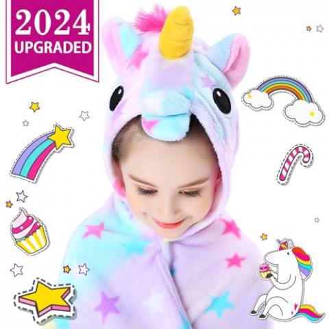 CozyBomB Unicorn Gifts for Girls Wearable Fleece Soft Throw Blanket for Kids - Cute Hooded Plush Bathrobe Cozy Wrap with Hood Sleep Age 3 4 5 6 Year Old Star