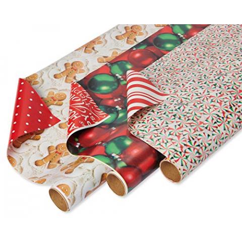 American Greetings 120 sq. ft. Vintage Christmas Wrapping Paper Bundle, Gingerbread, Ornaments, Peppermints (3 Extra Wide Rolls 40 in. x 12 ft.)