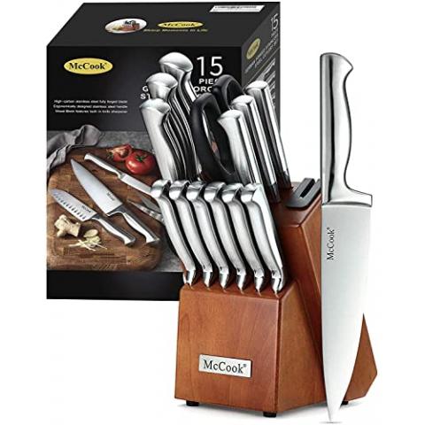 McCook Knife Sets, German Stainless Steel Kitchen Knife Block Sets with Built-in Sharpener