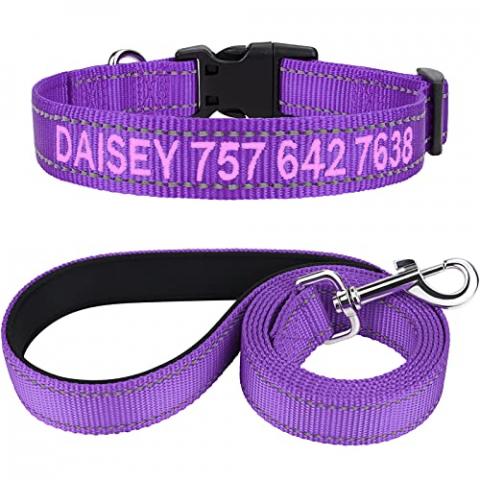 TagME Personalized Dog Collar and Leash Set, Embroidered Dog Collars and Double-Sided Reflective 5FT Dog Leash for Medium, Purple