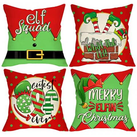 Ussap Christmas Elf Squad Decorative Throw Pillow Covers, Merry Elfin Xmas Chimney Polka Dots Gifts Home Decoration, Winter Holiday Cushion Case for Sofa Couch Decor Cotton Linen 18 x 18