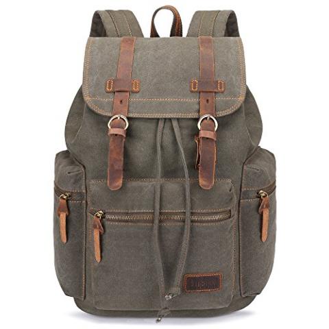 Bluboon Canvas Vintage Backpack Leather Casual Bookbag Men Rucksack (Green)