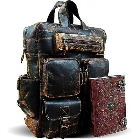 Buffalo Leather Backpack Multi Pockets Daypack Travel Laptop Bag for Men Women