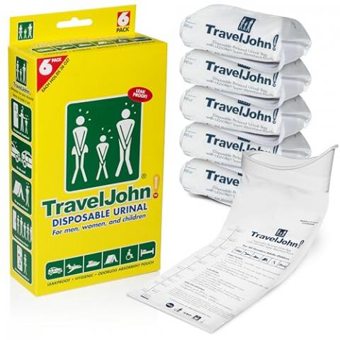 TravelJohn Disposable Urinal for All Genders, Adults, and Children (6 Pack) Designed for Emergencies, Travel, Camping, Long Car Rides, and More - 28oz/800ml Capacity (TJ1A-C)