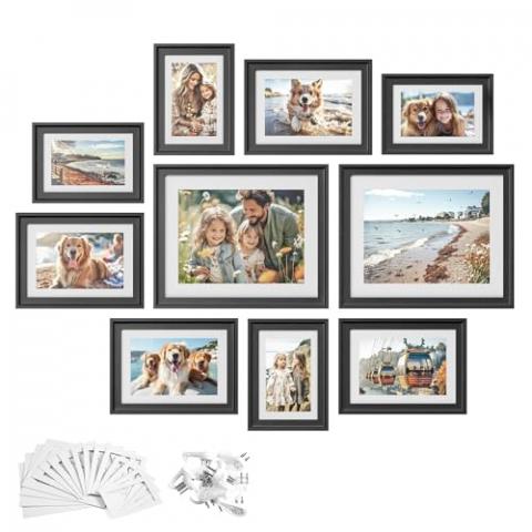 SONGMICS Picture Frames with 16 Mats, Set of 10 Collage Photo Frames, Two 8x10, Four 5x7, Four 4x6 Frames, Hanging or Table Display, Glass, 12 Non-Trace Nails, Ash Black