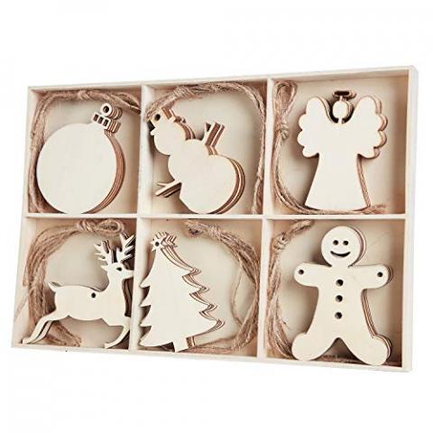 MACTING 30pcs Unfinished Wood Christmas Ornaments with Holes, Christmas Hanging Decorations for Kid's DIY Gift Craft Xmas Tree, 6 Shapes-Angel, Deer, Ball, Doll, Snowman, Tree