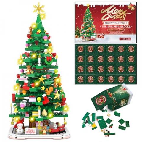 Advent Calendar 2024 Christmas Tree Building Toy Set with LED light, 1102 Pieces Christmas Countdown Calendar, 24 Days Building Block for Kids Adult Creative Gifts for Adults Teens Girls Ages 8+