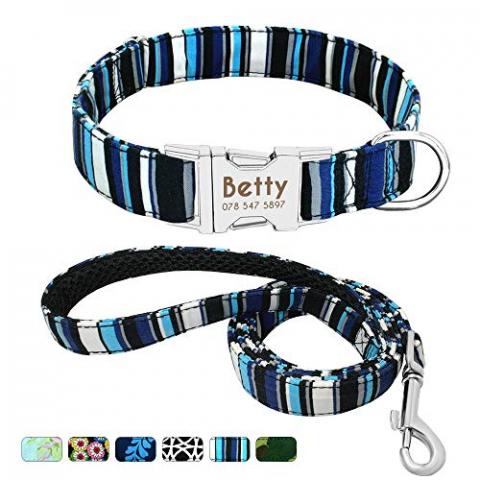 Beirui Personalized Nylon Dog Collar and Leash Set - Custom Dogs Collars with 4FT Dogs Leashes - Adjustable Engraved Pet Collars Matching Leads Fit Small Medium Large Dogs,Navy Blue,S