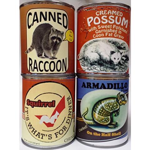 Gag Canned Meat Combo Pack V: Creamed Possum, Armadillo, Raccoon and Squirrel Gumbo!