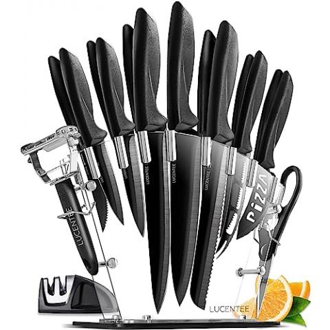 LUCENTEE - 17pc Kitchen Knife Set, Kitchen Gadgets with Steak Knives, Carving Knives for Kitchen, Chef Knife Set, Black Knife Set, Ultra-Sharp Ergonomic Knife Set, Scissors, Peeler and Knife Sharpener