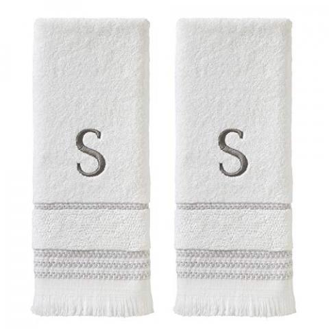 SKL Home Casual Monogram Hand Towel Set, S, 16x26, White 2 Count