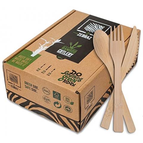 2ZEBRAZ 100% Bamboo Cutlery Set of 100 pc - 50 Forks, 25 Knives, 25 Spoons, Smooth Reusable Bamboo Silverware, Compostable and Durable Disposable Utensils, Eco-Friendly Flatware in Premium Box