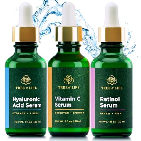 Tree of Life Facial Skin Care Set, Brightening, Firming, Hydrating, Dry Face, Dermatologist Tested - Trio Power Kit, Vitamin C, Retinol and Hyaluronic Acid, 3 count of 1 Fl Oz