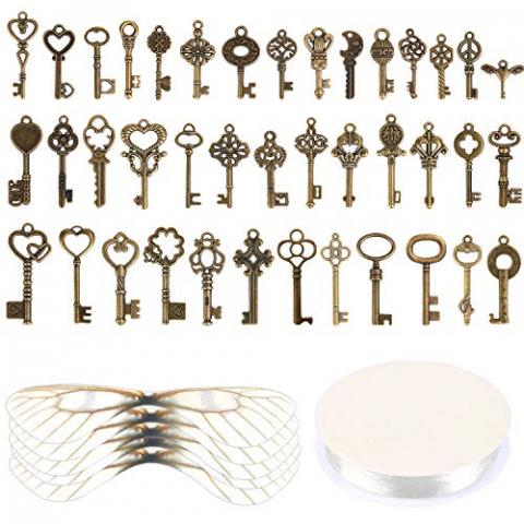 SANNIX Set of 40 Flying Keys Charms, 40PCS Dragonfly Wings 40 DIY Vintage Skeleton Key and Elastic Crystal String for Wedding Party Decorations