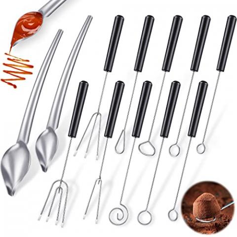 Patelai 12 Pcs Candy Dipping Tools Set Included 10 Pcs Chocolate Dipping Fork Spoons and 2 Pcs Stainless Steel Culinary Decorating Spoons Chef Art Pencil for Decorative Plates