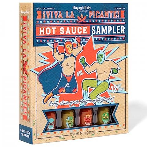 Thoughtfully Gourmet, Luchador Hot Sauce Book Gift Set, Flavors Include Smoky Bourbon, Habanero, Garlic Del Fuego & More, Hot Sauce Sampler, Set of 12