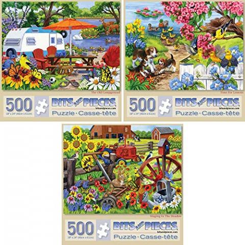 Bits and Pieces - Value Set of Three (3) – 500 Piece Jigsaw Puzzles for Adults – Colorful Flowers Farm and Animal Jigsaws by Artist Nancy Wernersbach – 18" x 24"