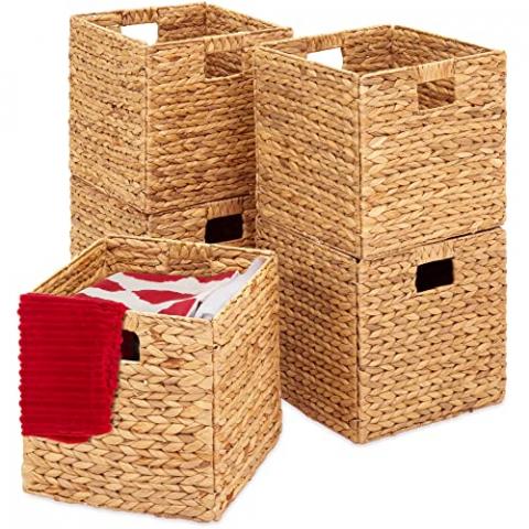 Best Choice Products 12x12in Hyacinth Baskets, Rustic Set Of 5 Multipurpose Collapsible Storage Organizer, Handwoven Laundry Totes for Bedroom, Living Room, Shelves w/Inserts - Natural