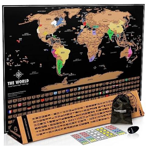 Landmass Deluxe 17x24 Scratch Off World Map Poster - Vibrant Gold Foil Travel Tracker with Flags, Detailed Cartography, US State Outlines, Colorful Wall Art - Ideal Gift for Travelers & Geography Enthusiasts - Scratch Off Map Of The World