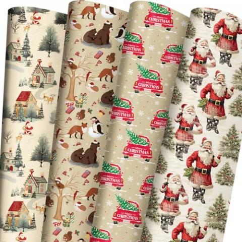 ZINTBIAL Vintage Christmas Wrapping Paper for Kids Adults - Xmas Wrapping Paper with Retro Santa, Red Truck, Woodland Animals, Country Scene Designs - 28 x 40 Inches, 6 Jumbo Sheets - Easy to Store