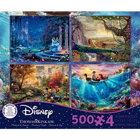 Ceaco - 4 in 1 Multipack - Thomas Kinkade - Disney Dreams Collection - Cinderella, The Lion King, Mickey and Minnie, & The Little Mermaid - (4) 500 Piece Jigsaw Puzzles , Blue