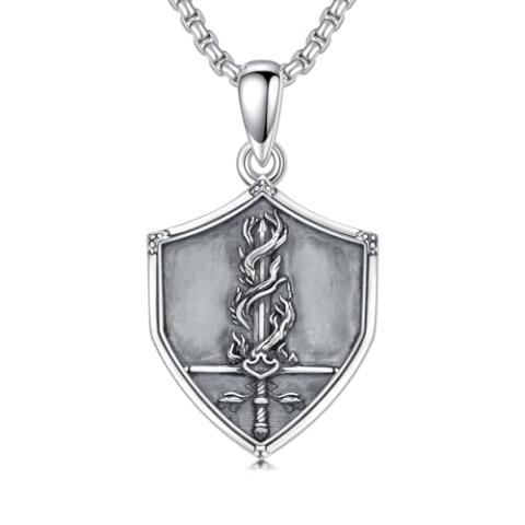 PELOVNY Sword and Shield Necklace 925 Sterling Silver Fire Sword Pendant Shield Jewelry for Fathers Day Birthday Christmas Gifts Men Women