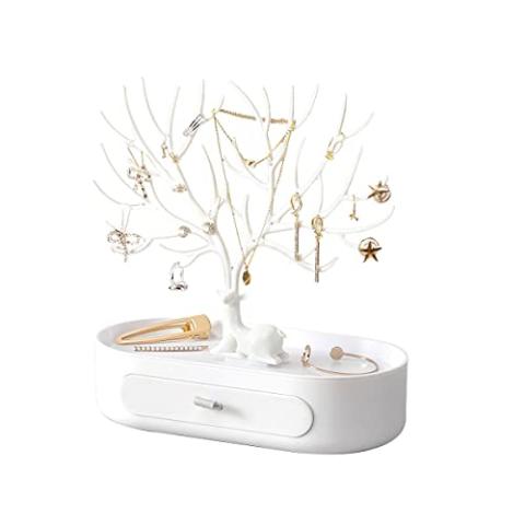 MOJUN Antlers Jewelry Display Stand with Drawers, Necklace Earring Bracelet Jewelry Organizer Display Stand, Plastic Jewelry Tree Ideal Gift for Women, White