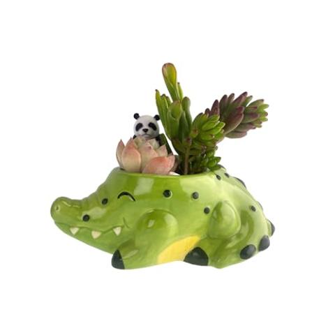 SWONVI Cute Animal Ceramics Planter Small Succulent Pot Alligator Shaped Plant Pot with Ceramic Trayfor Mini Plants Flower Cactus, Smooth Shiny Ceramic - Plants Not Included (1 PCS Alligator)