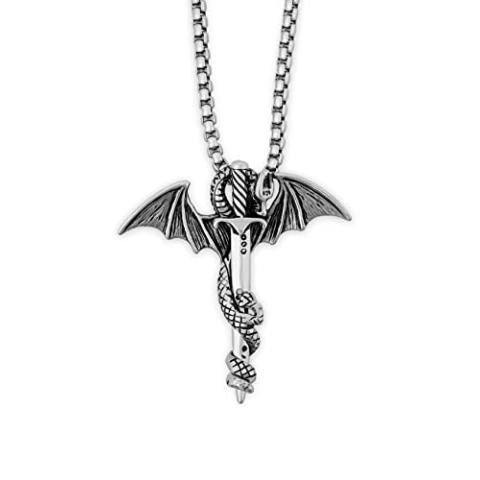HAQUIL Silver Plated Stainless Steel Vintage Punk Rock Dragon Sword Pendant Animal Gothic Necklace for Mens Perfect Dragon Gifts for Men