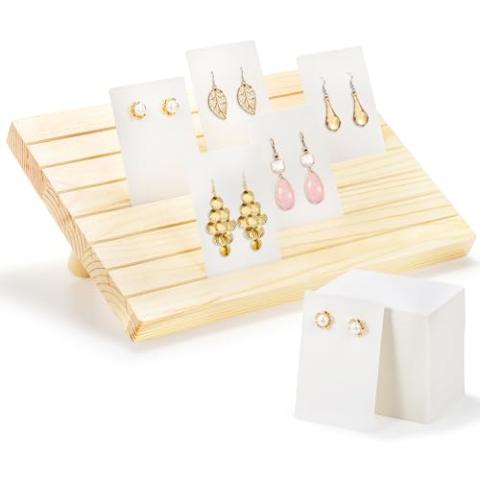 Elsjoy Wood Earring Display Stand with 200 pcs Cards, Tabletop Wooden Earring Display Holder for Selling, Portable Earring Organizer Stand Jewelry Showcase Rack for Retail