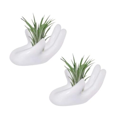 ourhommie 2 PCS Air Plant Holder Cute Ceramic Mini Hand Shape Stand Airplants Tillandsia Small Container Pot Plant Decorative Home Decor for Desk Table Shelf Window, White