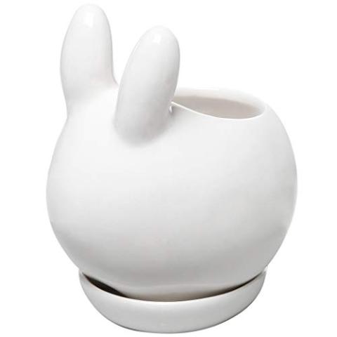 MyGift Mini Ceramic Bunny Planter, Decorative Rabbit Design White Small Flower Pot Succulent Planter with Detached Saucer