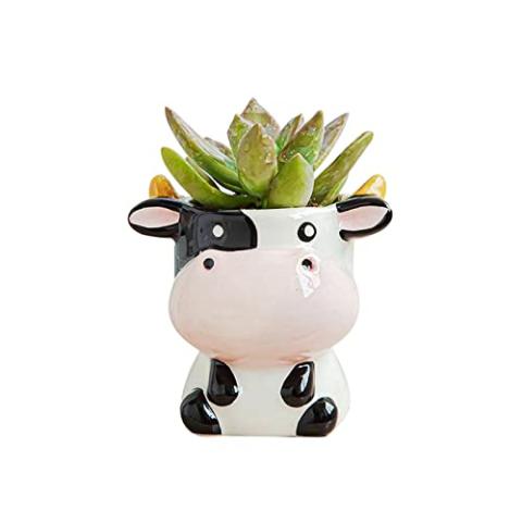 DIYOMR Cute Animal Ceramics Planter Small Succulent Pot Cartoon Shaped Plant Pot for Mini Plants Flower Cactus, Smooth Shiny Ceramic - Plants Not Included (Cow)