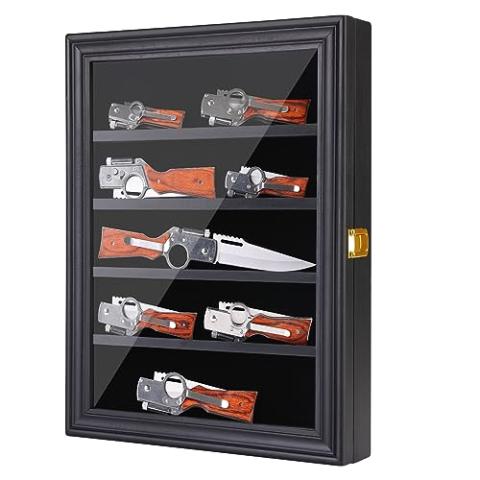 LIUYALO Knife Display Case 5 Rows Pocket Knife Display Cases for Collections Stand Military Folding Knife Shadow Box Wall Cabinet with UV Protection Acrylic Lockable, Black