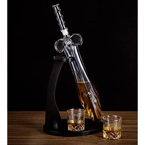 LUJII Heroic Sword Whiskey Decanter Set for Brave Hero, Liquor Dispenser with 2 Glasses & Wooden Tray, Alcohol Holder for Bourbon or Scotch, Gift for Men Husband Dad Boyfriend or Son, 850 ml