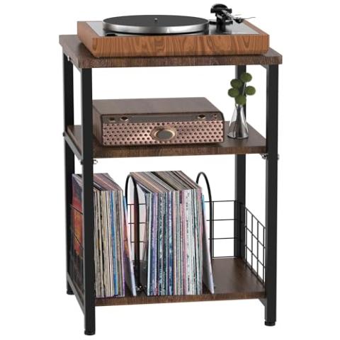 Tuohours Record Player Stand, 3 Tier End Side Table with Vinyl Record Storage Basket, Turntable Table up to 100 Albums Record Shelf Display Holder Cabinet for Living Room, Bedroom, Office