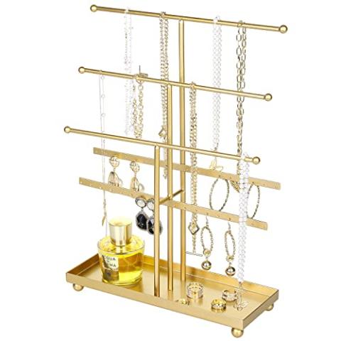 MyGift 5-Tier Gold Tabletop Metal Jewelry Necklace, Bracelet, Earring, Organizer with Ring Tray