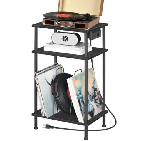 HOOBRO 3-Tier Record Player Stand, Vinyl Record Holder with Charging Station, Record Player Table with Storage Shelf, Turntable Stand for Music Room, Living Room, Bedroom, Black BB02URS01