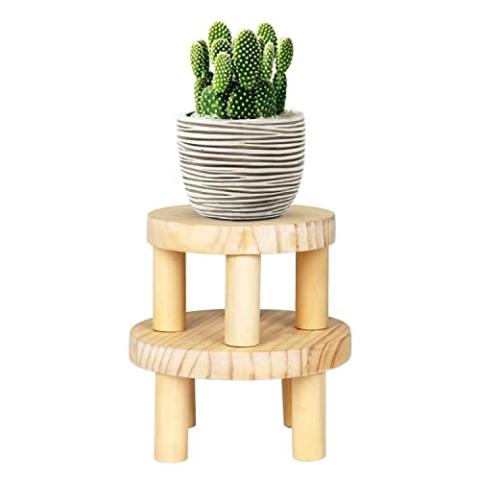 Small Wood Plant Stand Stool - 2 Pack Mini Wooden Plant Display Stand Stool, Round Modern Succulents Plant Stand Riser Holder, Flower Pot Wooden Shelf Stand, Garden Decorative Plant Stand Indoor Outdoor