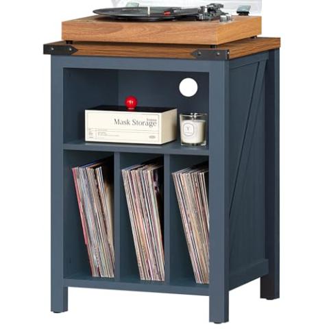 Joaxswe Record Player Stand with Vinyl Record Storage,Navy Blue Record Player Table Holds up to 160 Albums,Large Wood Turntable Stand Cabinet Dispaly Shelf for Living Room,Bedroom,Office